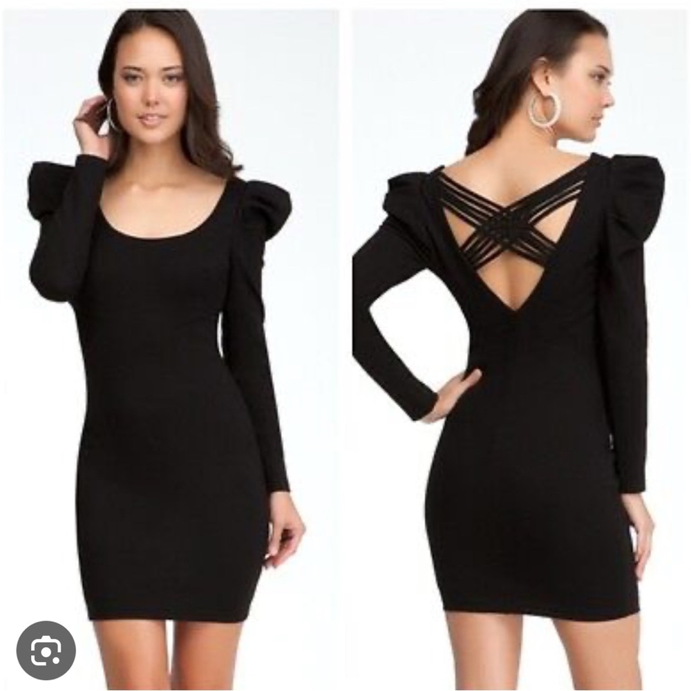 Bebe Black Bodycon Dress with Puff Sleeves and Cutout Back